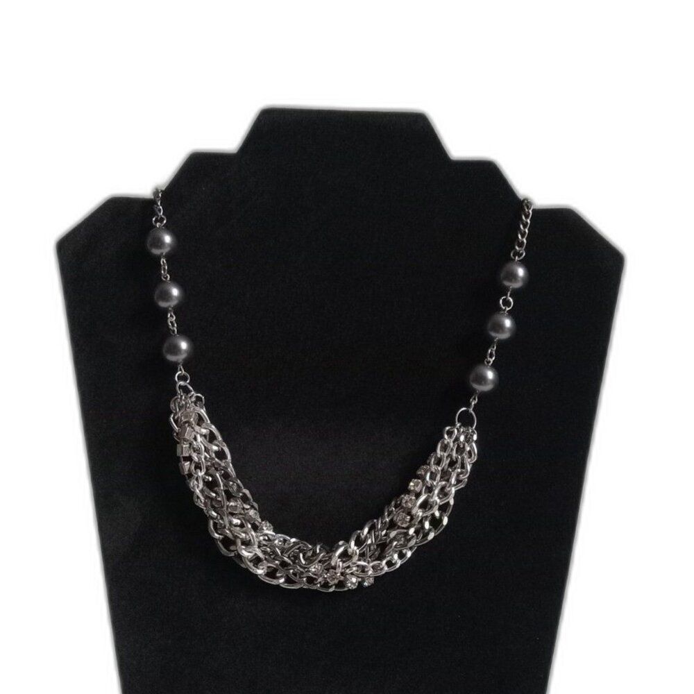 Silver Toned Twisted Chains Rhinestones and Gray Bead Accents Statement Necklace